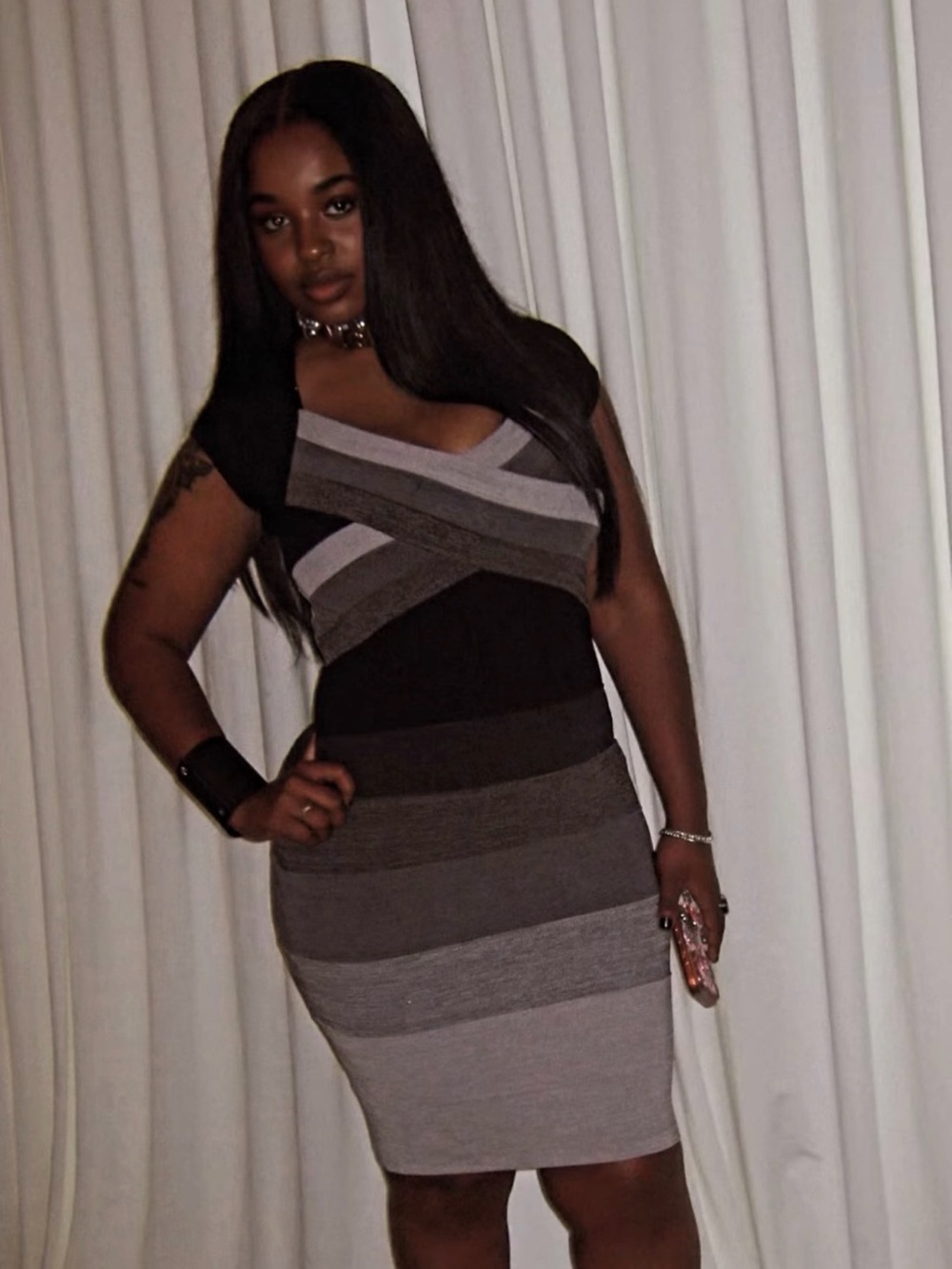 Guess by Marciano Bandage Striped Mini Dress, Black and Gray, M